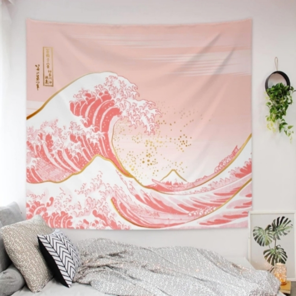 Pink Waves Big Wall Tapestry The Great Wave Classic Antique Asian Art Girls Room